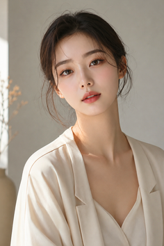 Woman with dark hair in a beige top with soft indoor lighting