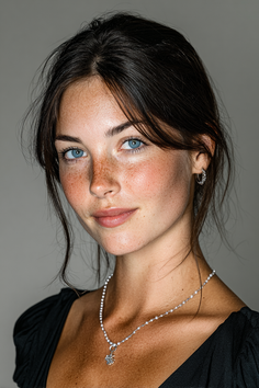 Woman with blue eyes and freckles wearing a pearl necklace and earrings