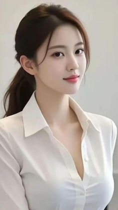 Woman in a white shirt with a ponytail, looking at the viewer