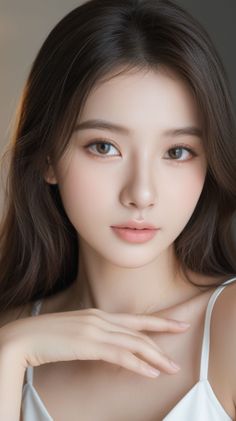 Woman with long brown hair wearing a white top, looking directly at the viewer