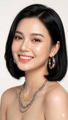 Smiling woman with short black hair and layered necklaces, bare shoulders