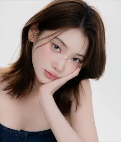 Woman with brown short hair and light eyes wearing a denim top