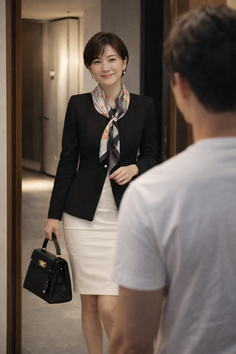 Woman in a black blazer and white skirt holding a handbag, smiling at a man