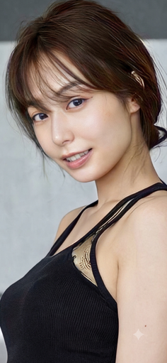 Woman with brown hair wearing a black top and lace bra, smiling at the camera