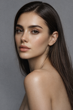 Woman with long dark hair and exposed shoulders looking at the camera