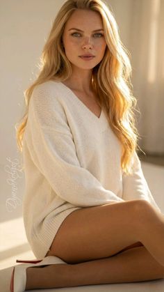Woman with blonde hair and freckles wearing a white sweater, sitting indoors