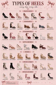 An illustration showcasing various types of heels on a pink background