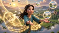 A young woman with glowing hands and floating bubbles containing landscapes