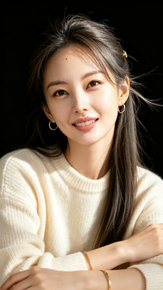 Woman with long dark hair wearing a cream sweater and gold jewelry