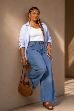 Woman with braided hair wearing a striped shirt and wide leg jeans