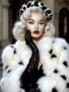 Woman with blonde curly hair, red lipstick, and a dalmatian print hat wearing a fur coat