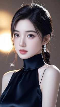 Woman with dark hair and diamond earrings wearing a black high-neck dress