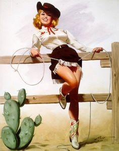 Pin-up illustration of a smiling cowgirl in a short skirt and cowboy boots