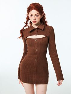 Woman with red hair in a brown cutout dress against a white background