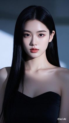 Woman with long black hair wearing a strapless top in a studio setting