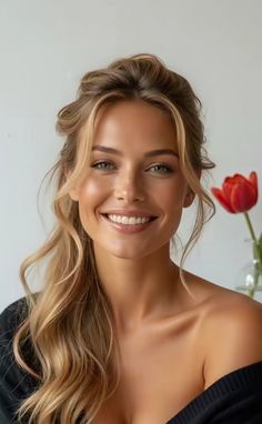 Smiling woman with blonde hair and an off-shoulder top, with a red tulip in the background