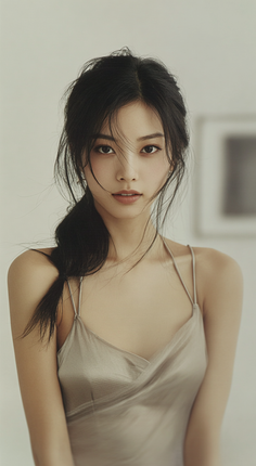 Woman with long dark hair in a light-colored slip dress indoors