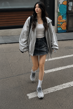 Woman with long dark hair wearing a hoodie and denim skirt walking on a street