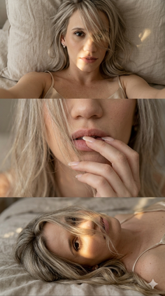 Woman with blonde hair in lingerie lying on a bed with soft lighting