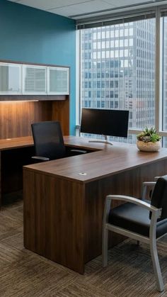Modern office with a wooden desk, office chair, and a view of a cityscape
