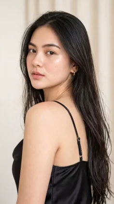 Woman with long black hair wearing a black camisole and gold hoop earrings