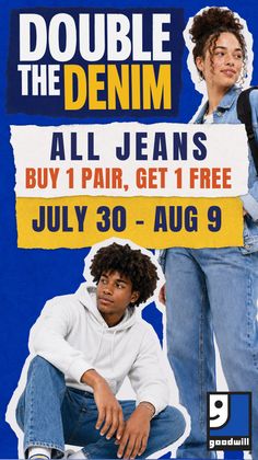 Two people wearing denim jeans and jackets against a blue background with promotional text