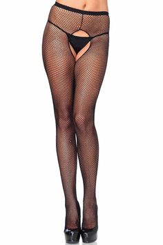 Woman wearing black fishnet stockings with an open crotch and high heels