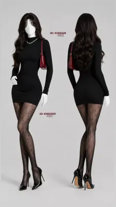 Mannequin in a black dress, patterned tights, and high heels with a red handbag