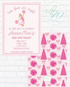Birthday invitation with a cheerleader illustration and pink patterned background