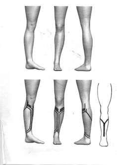 Illustration of human legs from various angles, some with markings