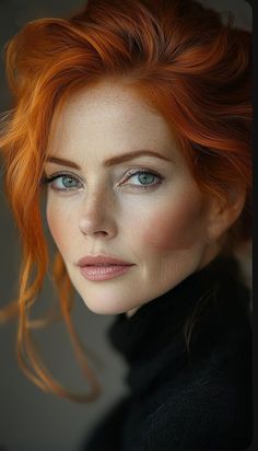 Woman with red hair and freckles wearing a black turtleneck