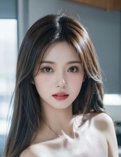 Woman with long dark hair and exposed shoulders in soft lighting