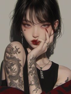 Illustration of a woman with short hair and dragon tattoos