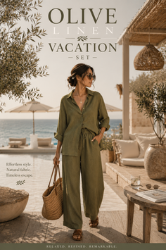 Woman in an olive green linen outfit and sunglasses at a resort by the sea