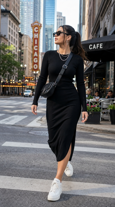 Woman in a black dress and white sneakers walking on a city street