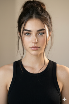 Woman with dark hair in a bun and freckles wearing a black tank top