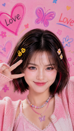 Woman with short hair and pink cardigan making a peace sign