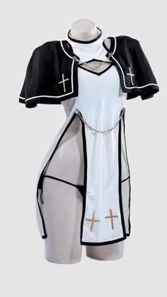Cosplay costume with white dress, black cape, and cross symbols on a mannequin