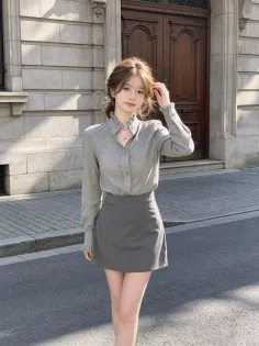 Woman in a grey shirt and mini skirt standing on a street