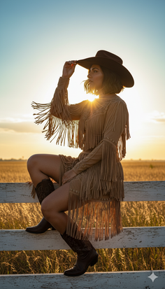 Woman in a fringe dress and cowboy hat sitting on a fence at sunset