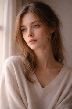 Woman with long blonde hair wearing a v-neck sweater indoors
