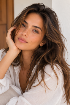 Woman with long brown hair wearing a white shirt, resting her chin on her hand