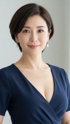 Woman with short dark hair and pearl earrings in a navy dress