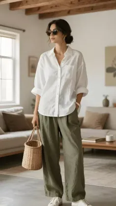 Woman in a white shirt and olive wide-leg pants holding a wicker bag indoors