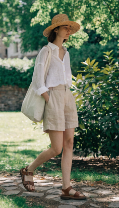 Woman in a straw hat, linen shirt, and shorts walking outdoors