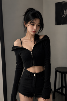 Woman with black hair in an off-shoulder top and denim shorts indoors