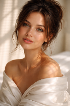 Woman with green eyes and a messy bun in soft, warm lighting