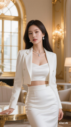 Woman in a white crop top and skirt with jewelry in a luxurious indoor setting