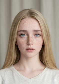 Young woman with freckles and blonde hair looking directly at the camera