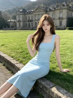 Woman in a light blue dress sitting on a stone ledge in front of a historic building